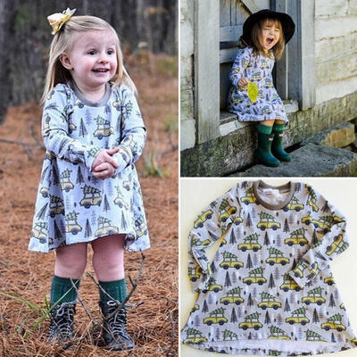 

Toddler Kid Baby Girl Outfits Car&Tree Long Sleeve Dress Casual Clothes 6M-5Y