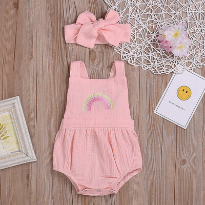 

Toddler Baby Girls Strap Ruffled Rainbow embroideried Romper Jumpsuit Sunsuit