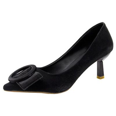 

Summer Korean version of pointed shallow single shoe female chic simple temperament round button high heel shoes ins