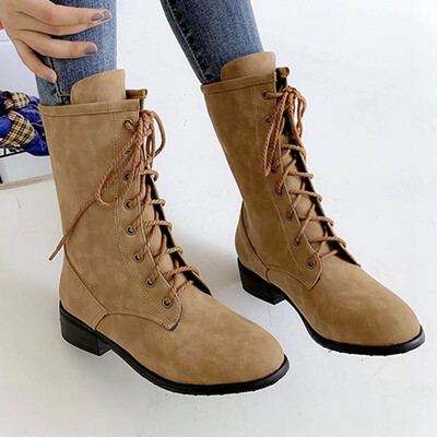 

Rose Fashion Pure Color Round Toe Lacing Boots Chunky Heels Vintage Women Boots