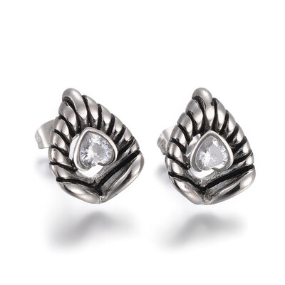 

304 Stainless Steel Stud Earrings with Rhinestone Heart Antique Silver 18x145mm Pin 08mm
