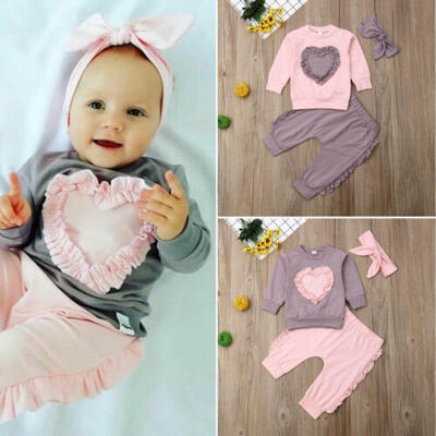 

US Toddler Baby Girl Kid Long Sleeve Tops Pants Headband Love Shape Clothes 0-2Y