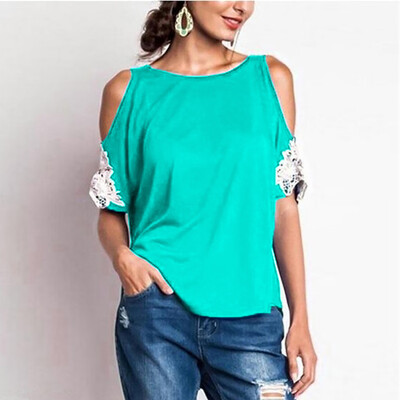 

Starmoon Women O-Neck Plus Size Strapless Lace Short Sleeve Blouse Easy Top Shirt