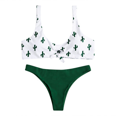 

Scoop Neck Padded Backless Cacti Print Low Waist Two-piece Women Bikini Set