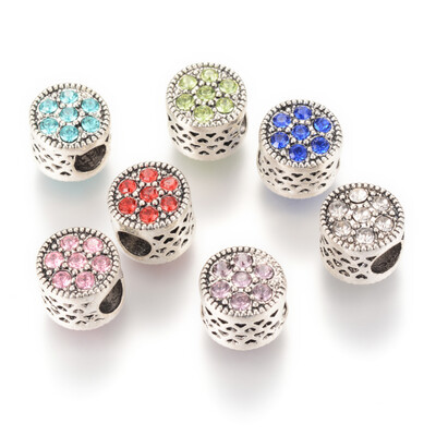 

Alloy European Beads with Rhinestones Large Hole Beads Flat Round Antique Silver Mixed Color 105x9mm Hole 5mm