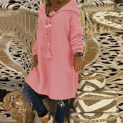 

Womens Casual Knit Pullover Sweater Loose Solid Color Hooded Long Sleeve Tops