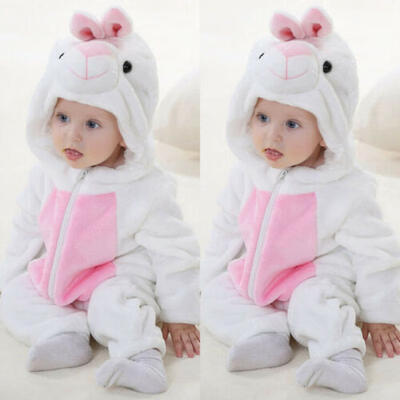 

UK Lovely Kids Baby Boy Girls Bunny Flannel Zipper Hooded Romper Jumpsuit Outfit
