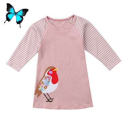 

New Toddler Baby Girls Kids Autumn Clothes Long Sleeve Party Bird Pink Dress