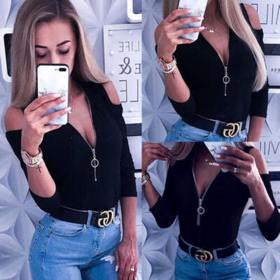 

US Women Tops Shirt Summer V Neck Zipper Loose T-shirt Casual Blouse Tee Top Hot