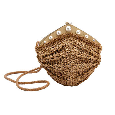 

Pearls Decor Shoulder Messenger Pack Straw Woven Women Beach Crossbody Bags