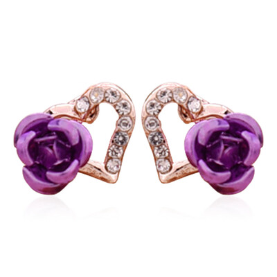 

Fashionable Sweet Red Rose Earrings Flashing Diamond Heart Simple Wild Female Earrings