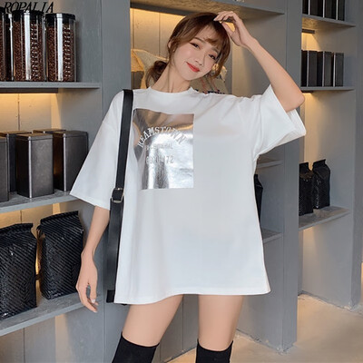 

Womens Reflective Fabric Letter Print Half Sleeve T-Shirt Korean Style O-Neck Pullover Loose Casual T-Shirts