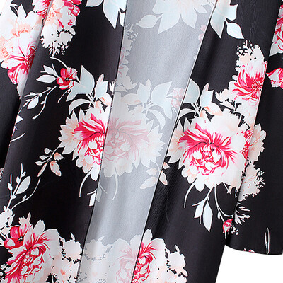 

New Women Kimono Cardigan Floral Print Open Front Boho Loose Outerwear Beach Bikini Cover Up Black
