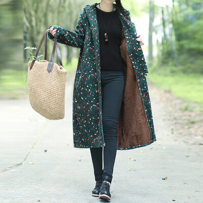 

Toponeto Women Plus Size Winter Coat Cotton-Padded Printing Easy Long Loose Jacket