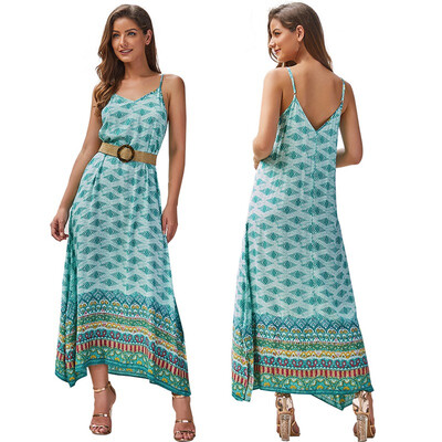 

Fashion Women Bohemian Summer Print Sling Dress V-neck Dress