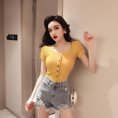 

Womens Pullover T-Shirt Casual Round Neck Solid T-Shirt Short Sleeve Slim Buttons Knitted Top T-Shirt