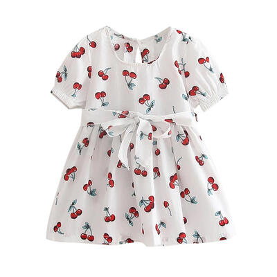 

Cute Fruit Cherry Print Cotton Summer Dress Girl Kids Short Sleeve Sundress