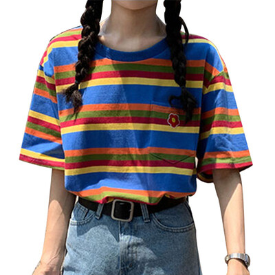 

Striped Tee Shirts Korean Casual Sumemr O-neck Loose Women Tops Clothes Female Short Sleeve Tshirts