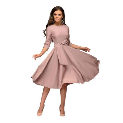 

Solid Color Round Neck Tunic Dress Women Elegant Plain Belt Swing Dresses