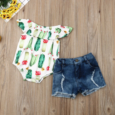 

Newborn Baby Girl Infant Cactus 2pcs Clothes Romper Tops Denim Pants Outfits Set