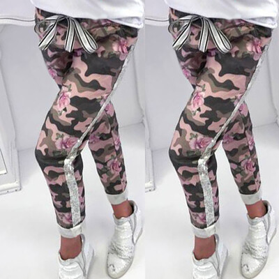 

Fashion Womens Casual Camouflage Print Bandage Patchwork Long Pants Trousers