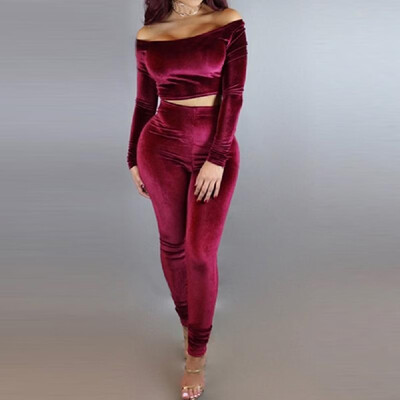 

Sexy Velvet Bodysuit Women Off Shoulder Two-Piece Set Long Sleeve Crop Top Bodycon Long Pants BluePurpleBurgundy