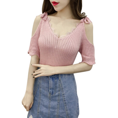 

Summer Beach T Shirt Women Casual Stretch V Neck Short Sleeve Tops Tee Cotton Off Shoulder T-Shirts One Size