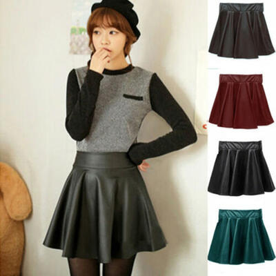 

Women Ladies High Waist Faux Leather Pleated Flared Skater Party Club Mini Skirt