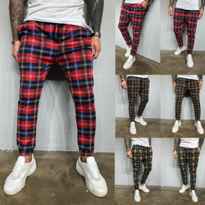 

Fashion Men Plaid Casual Pants Joggers Slim Fit Skinny Casual Pencil Trousers US