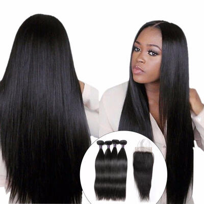 

Brazilian Straight Human Hair 4 Bundles With Lace Closure Free Middle Three Part Hair Weave Bundles With Closure