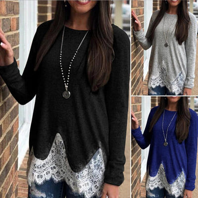 

Fashion Women Long Sleeve Shirt Casual Lace Blouse Loose Cotton Tops T Shirt New