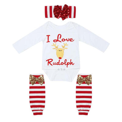 

3pcs Girls Christmas Clothes Set Baby Long Sleeve RomperKnee PadHeadband
