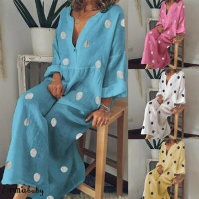 

2019 Women Boho Vintage Maxi Dress Long Sleeve V Neck Floral Holiday Beach Dress