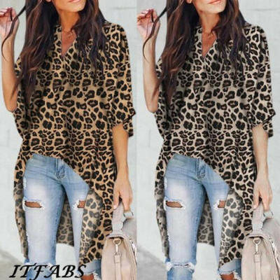 

UK Women V Neck Plus Size Leopard Print Long Sleeve Loose T Shirt OL Tops Blouse