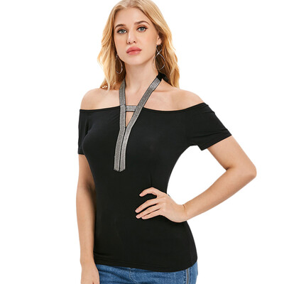 

Open Shoulder Shiny Halter Neckline Slim T-shirt