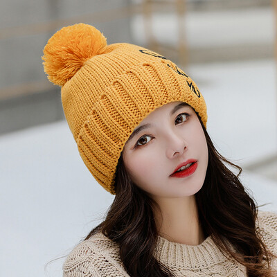 

Hat Female Winter Warm Wool Cap Korean Version 100 Sets Knitted Hat Set Letter Thickening Fashion Cold-proof Head Cap