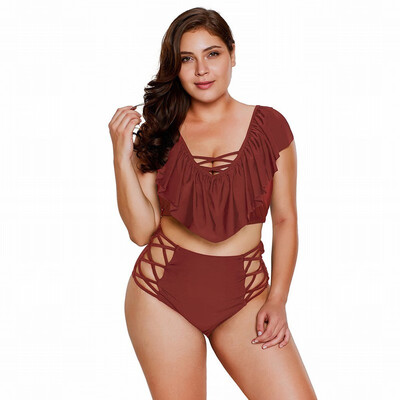 

Plus Size solid color V-neck short-sleeved hem high waist belt chest pad split swimsuit