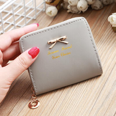 

Simple Small Mini Bowknot Zipper PU Card Pocket Coin Cash Wallet Short Purse Pouch