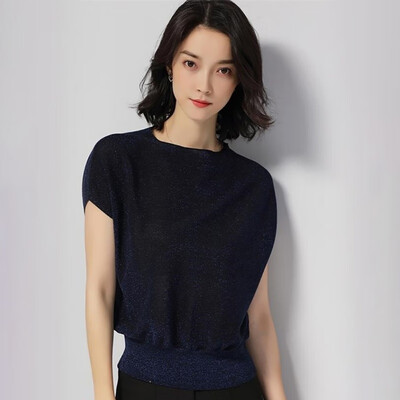 

Womens O Neck Solid Short Batwing Sleeve Knitted Ice Silk Slim Pullover T-Shirt