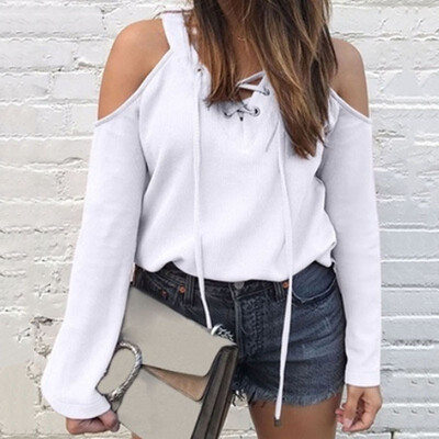 

2019 Autumn Women Sexy Off shoulder V-neck Long sleeve Candy colors lacing T-shirt