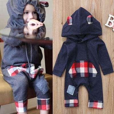 

Newborn Baby KIDS Boys Girls Grid Hooded Romper Bodysuit Jumpsuit Playsuit Outfits Sets