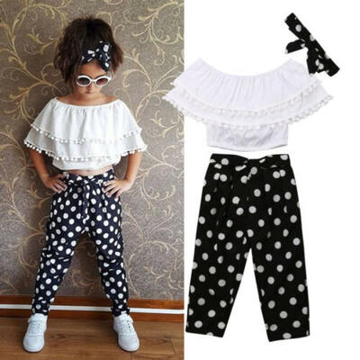 

UK Kids Baby Girl Chiffon Ruffle Tops Off-shoulder T shirtTrousers Pants Outfit