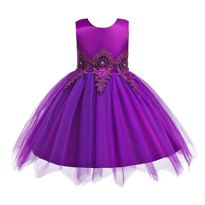 

Embroidery Applique Kids Tutu Dress Flower Pattern Girls Princess Dresses