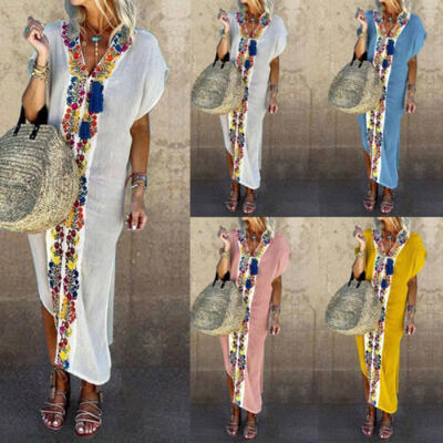 

Women Cotton Linen Maxi Dress V-Neck Short Sleeve Floral Casual Loose Long Dress