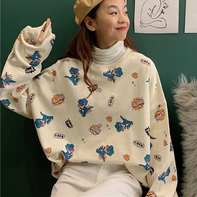 

Kawaii Women Hoodie Dinosaur Printing Cute Cartoon Sweatshirts Female Thin Autumn Winter Clothes Korean Style Sweatshirt