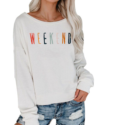 

New Women Fashion Round Neck Letter Weekend Pullover Top Casual Loose Long Sleeve Sweatshirt Tops