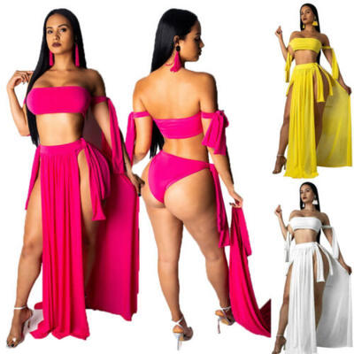 

3pcs Set Womens Swimwear Bikini SetSheer Skirt Cover Up Sarong Pareo Long Dress