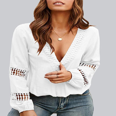 

Deep V-neck Solid Fish Scale Eyelets Long Sleeves Elastic Cuffs Shirt