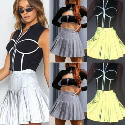 

Women High Waist Plain Reflective Skater Flared Pleated Mini Short Skirt Shorts