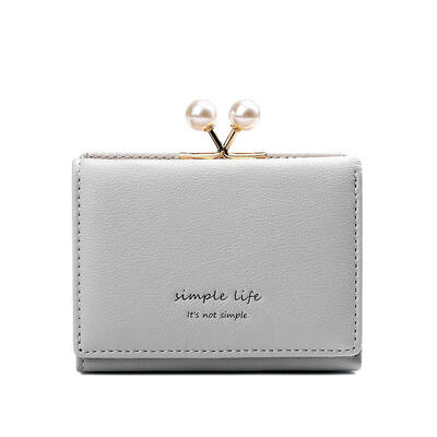

2019 Leather Mini Wallet Ladies Short Three Fold PU Wallet Pearl Adorn Coin Purse Multifunction Card Holders For Student